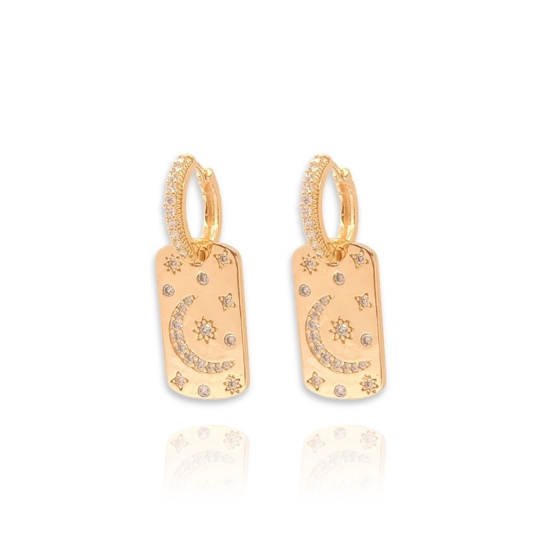 Argola Redonda c/ Pingente Quadrado Lua e Estrelas Cristal Dourada